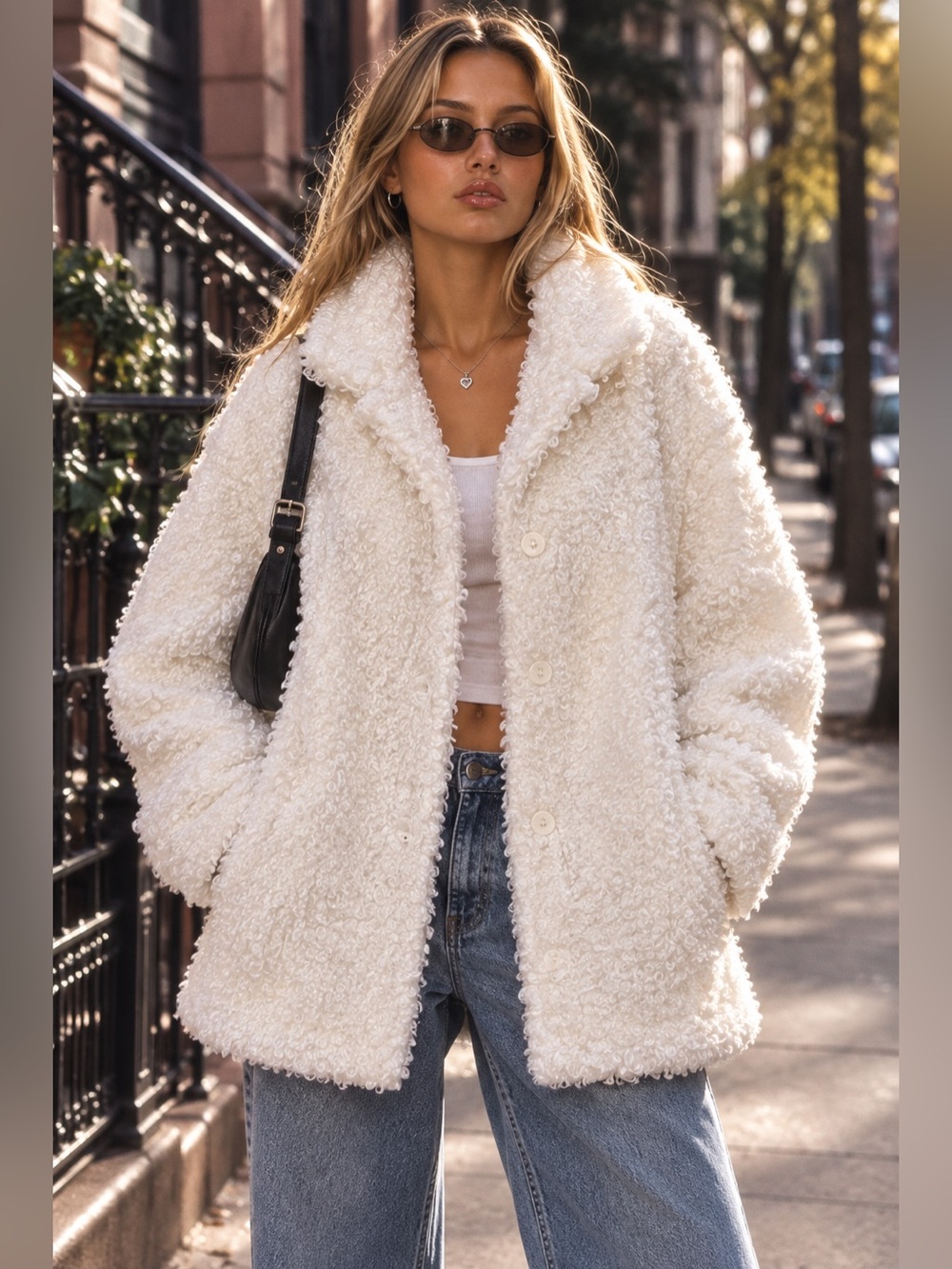 NWT Vintage Late 90s Y2K Ivory Teddy Faux Shearling Coat Made USA Oversized Med